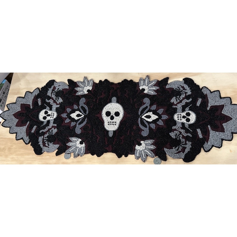 Beaded Skull Table Runner Décor Día De Muertos Day Dead Halloween 12x36" EUC